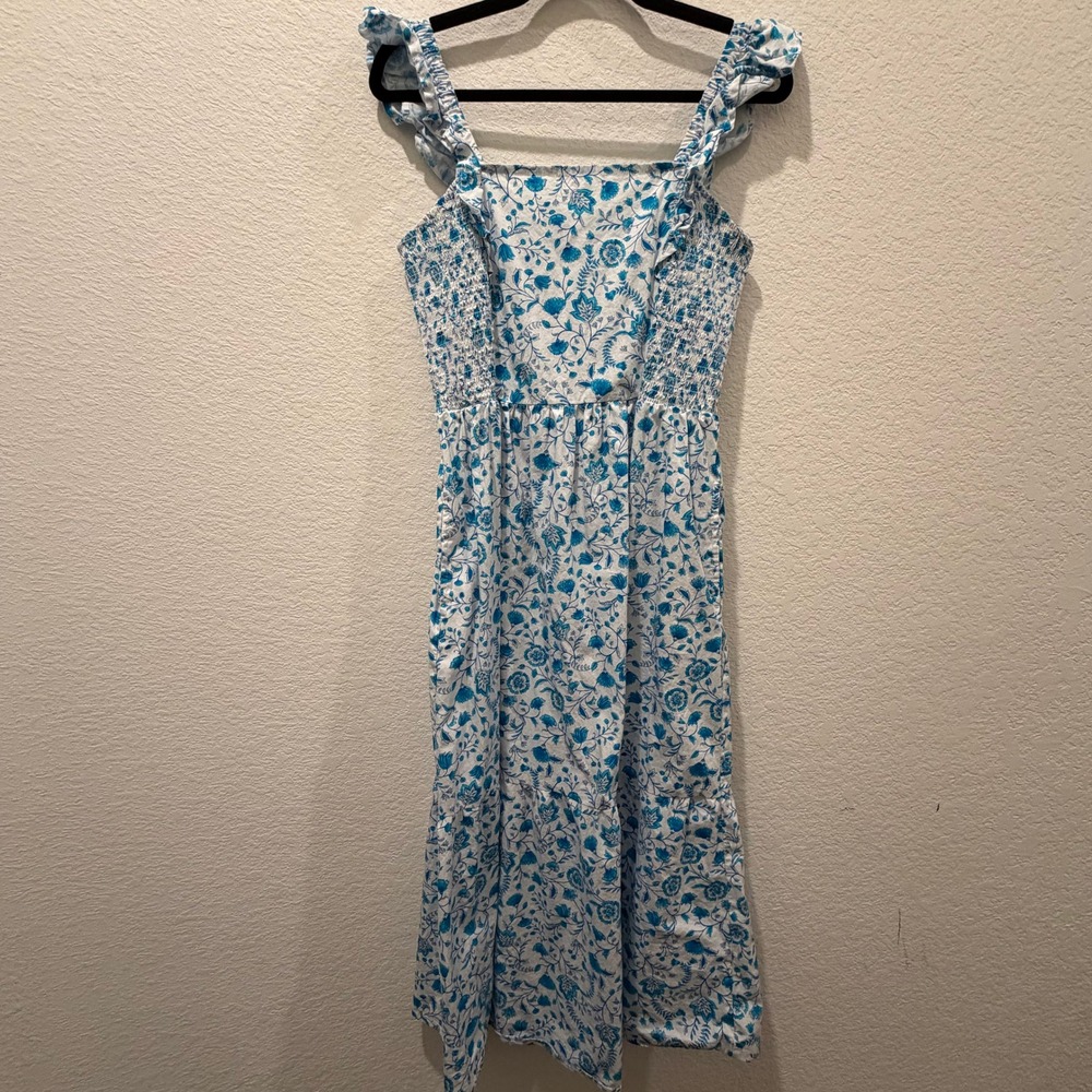 Draper James Blue White Floral Smocked Tiered Midi Dress Ruffle Strap Womens M